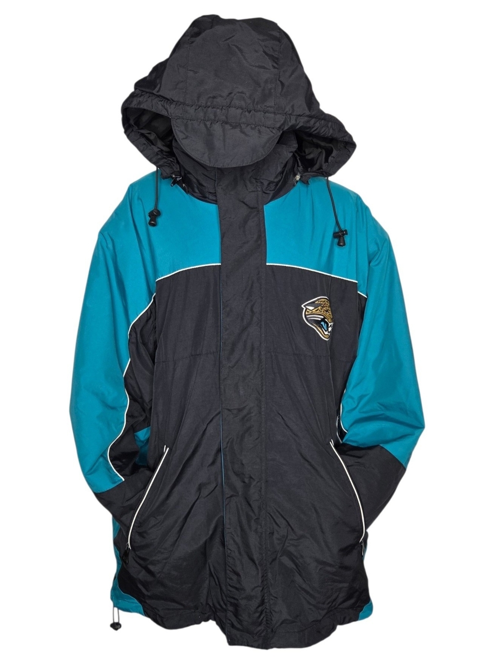 NFL Vintage Jaguars Teal & Black Hooded Raincoat Fleece 2 in 1 Jacket Size Large